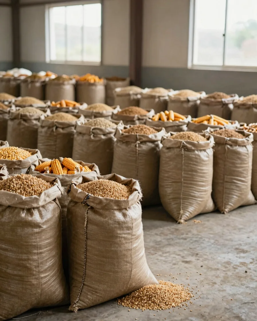 Wide documentary frame of burlap sacks of maize and wheat stacked