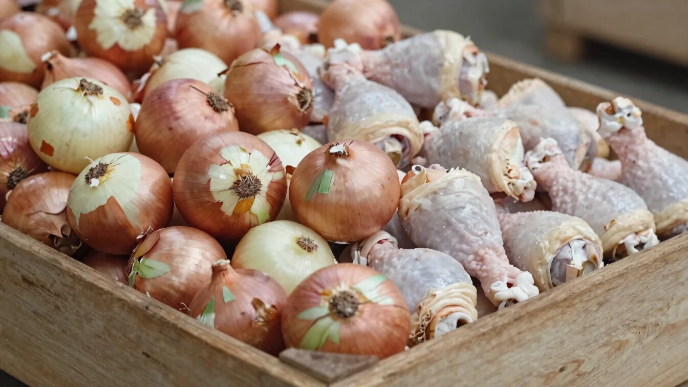 Close detail of fresh onions and drumsticks on a wooden crate, soft natural daylight, neutral tones, 35mm lens