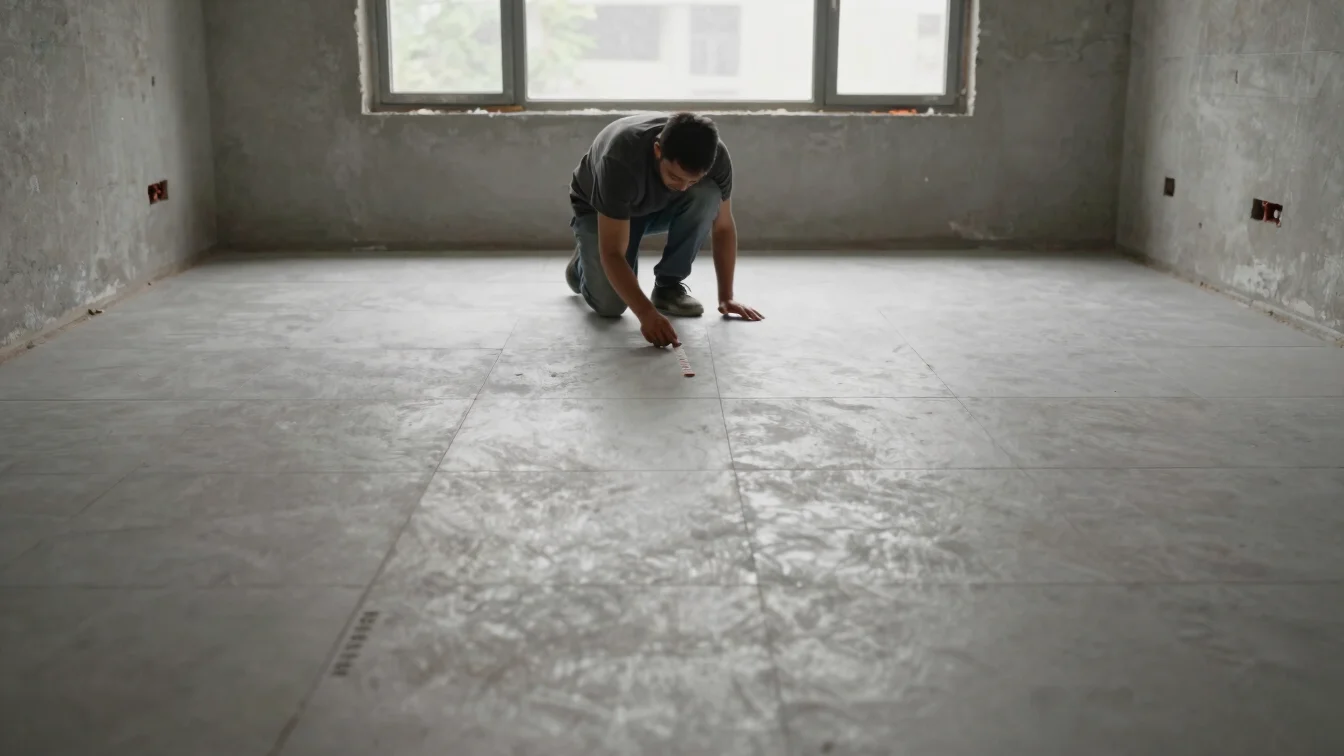 Worker laying flooring tiles in a building interior under even daylight, real work setting, 35mm lens