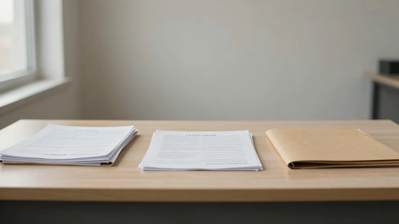 Desk with paper forms and a folder in a plain administrative office, soft natural daylight, neutral tones, 35mm lens