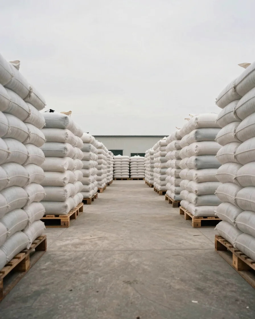 Wide environmental frame of a neutral warehouse aisle with stacked grain sacks and pallets, soft even daylight, document