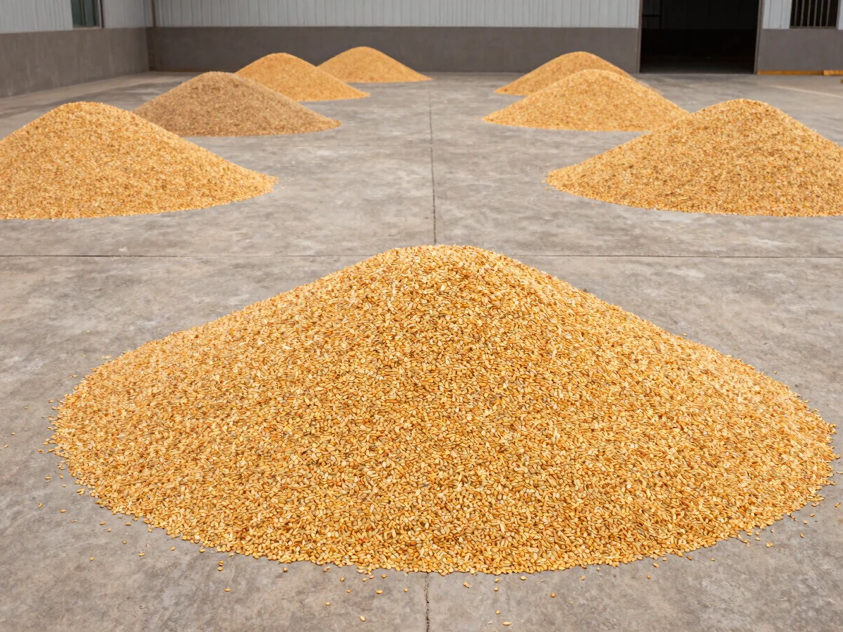 Documentary commercial photograph of a bulk pile of golden maize