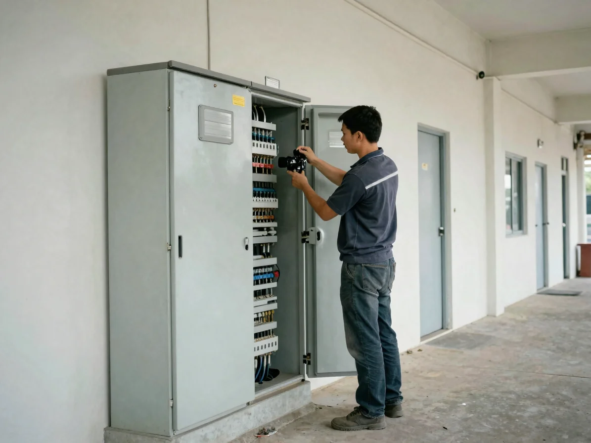 Documentary photograph of a maintenance technician servicing a bu