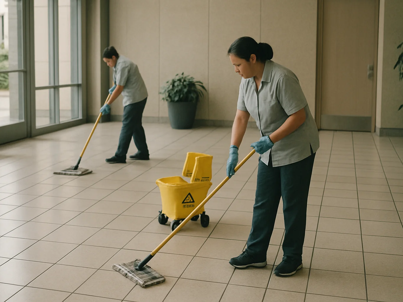 Documentary photograph of a cleaning crew mopping a tiled commerc