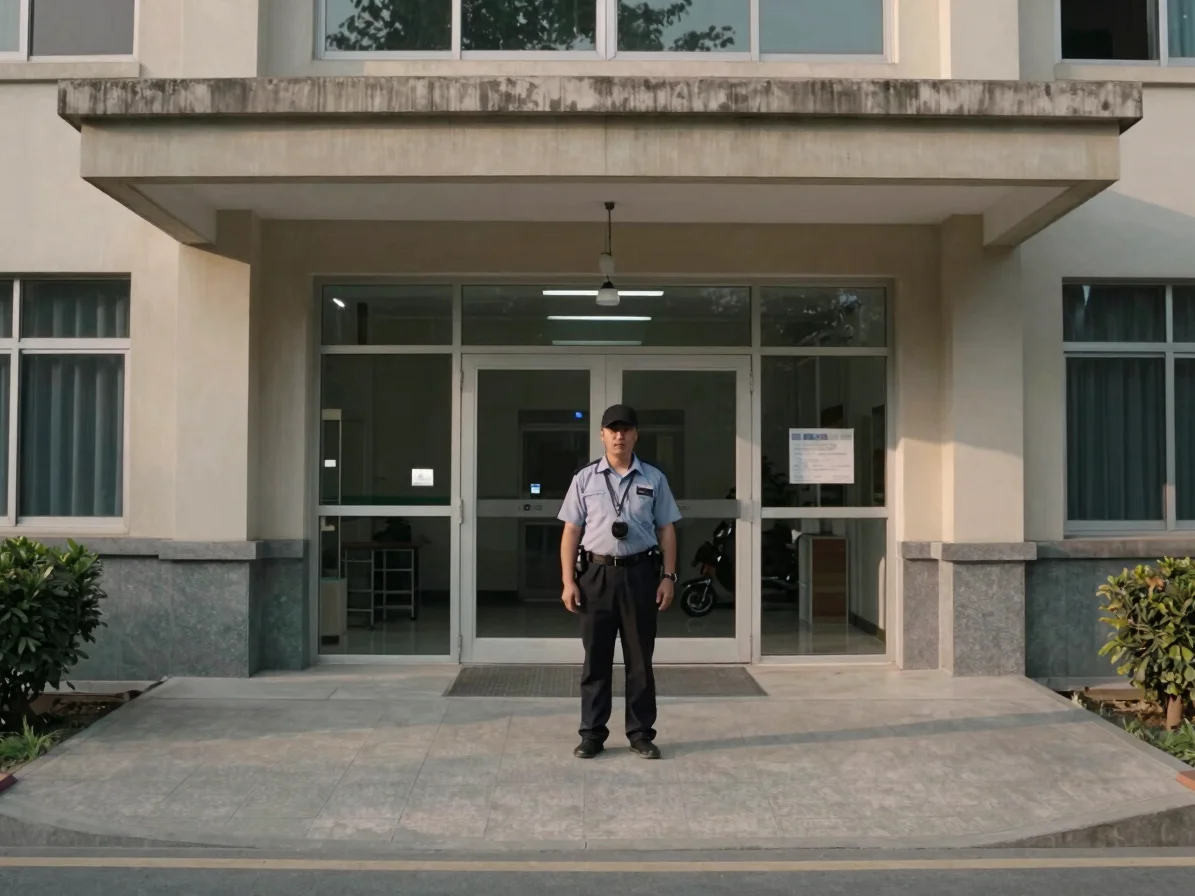 Documentary photograph of a security watchman at a building entra