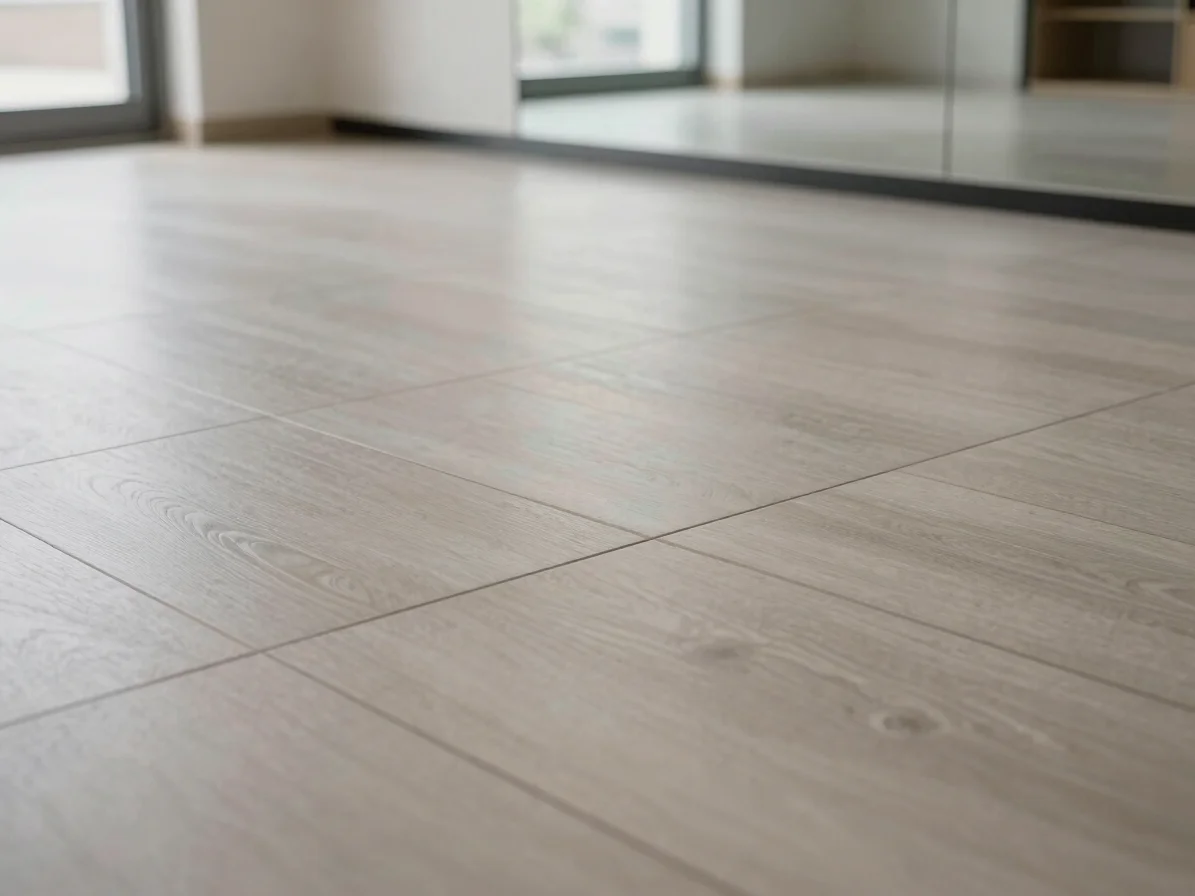 Close detail photograph of commercial vinyl and tile flooring bei