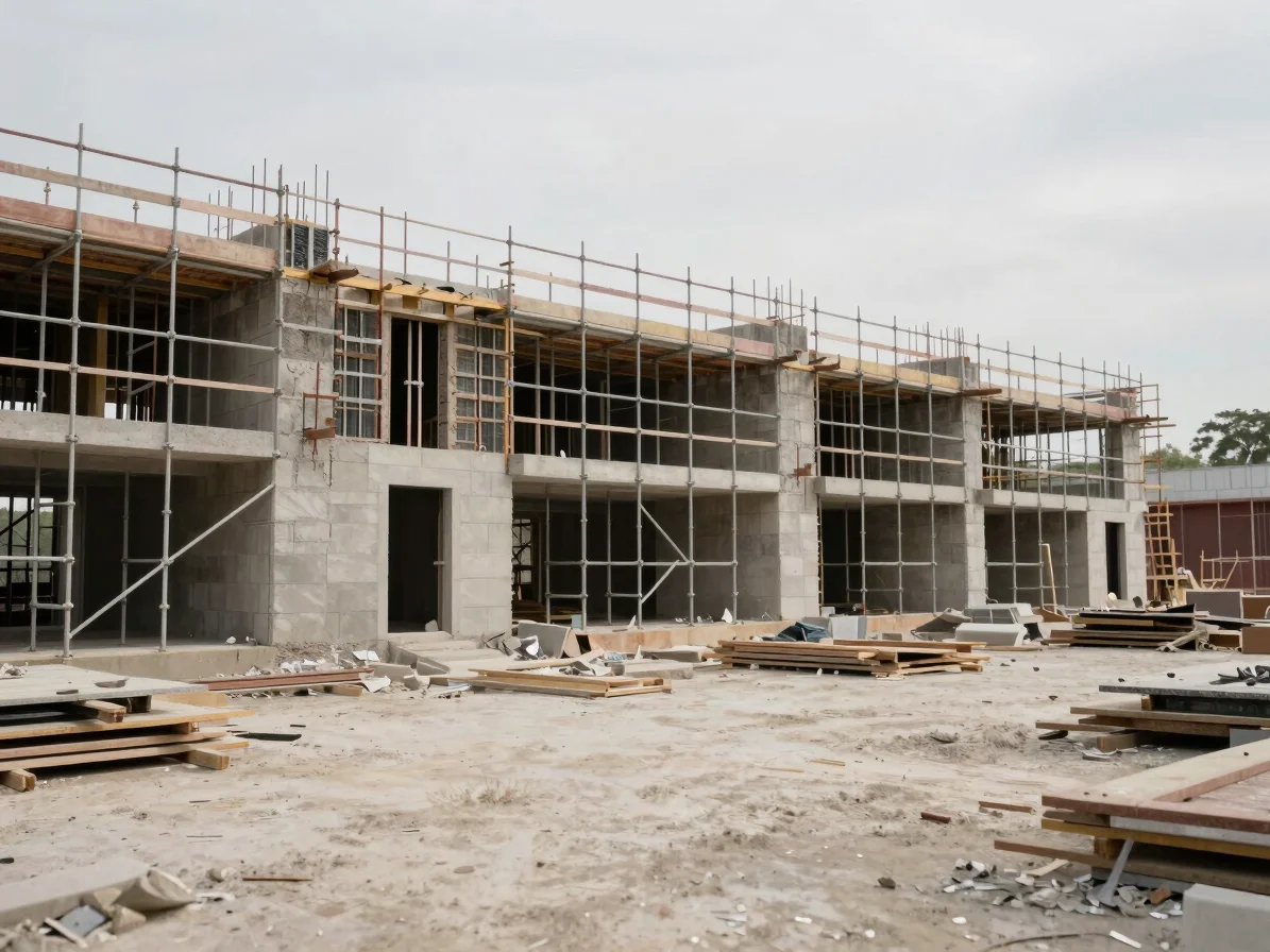 Wide environmental photograph of a building renovation site with