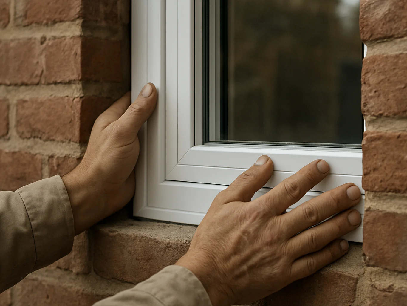 Close detail photograph of a tradesperson's hands fitting a windo